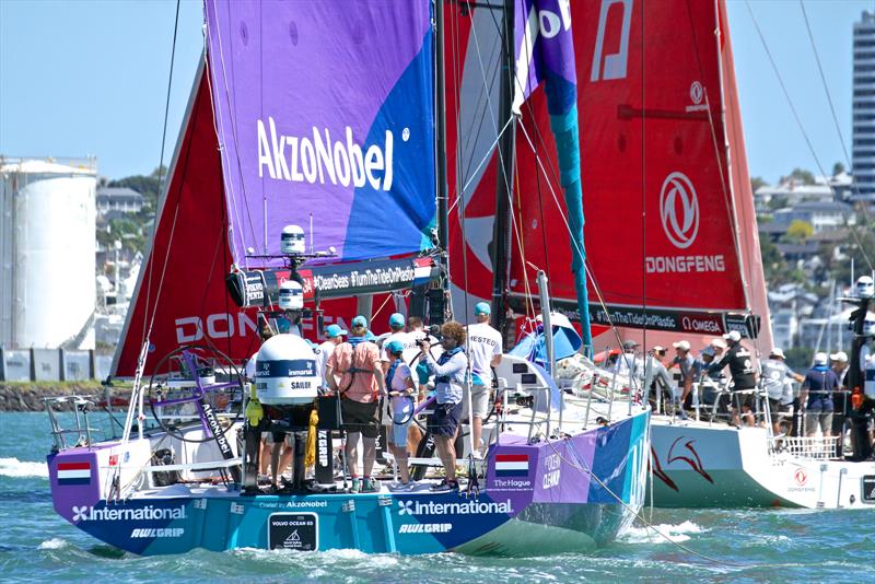 AkzoNobel and Dongfeng try and sort themselves out at the start - Volvo Ocean Race - Auckland Stopover In Port Race, Auckland, March 10, photo copyright Richard Gladwell taken at  and featuring the Volvo One-Design class
