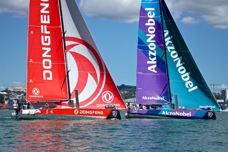 DongFeng and AzkoNobel contesting the lead - Volvo Ocean Race - Auckland Stopover In Port Race, Auckland, March 10, photo copyright Richard Gladwell taken at  and featuring the Volvo One-Design class