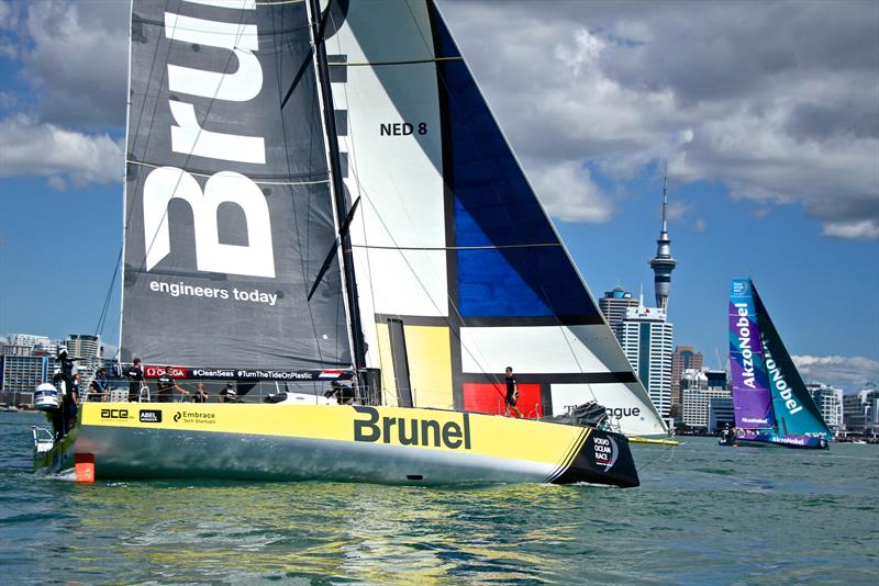 Brunel chasesAzkoNobel in from of the SkyTower - Volvo Ocean Race - Auckland Stopover In Port Race, Auckland, March 10, photo copyright Richard Gladwell taken at  and featuring the Volvo One-Design class