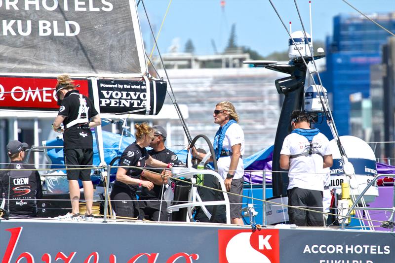 Guest on the helm of SHK Scallywag before the start - Volvo Ocean Race - Auckland Stopover In Port Race, Auckland, March 10, photo copyright Richard Gladwell taken at  and featuring the Volvo One-Design class