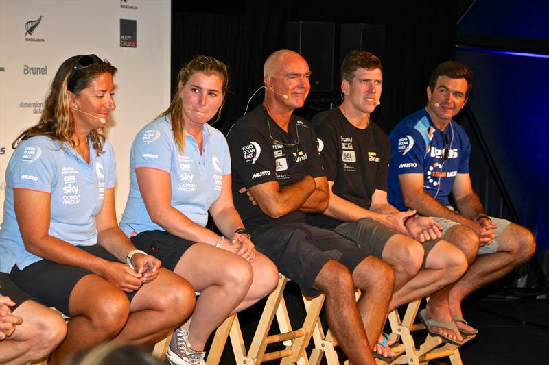 Dee Caffari, Bianca Cook (Turn the Tide on Plastic) Bouwe Bekking , Peter Burling (Brunel) Charlie Enright (Vestas 11th Hour) Volvo Ocean Race Media Conference Leg 7, Auckland photo copyright Richard Gladwell / Photosport taken at  and featuring the Volvo One-Design class