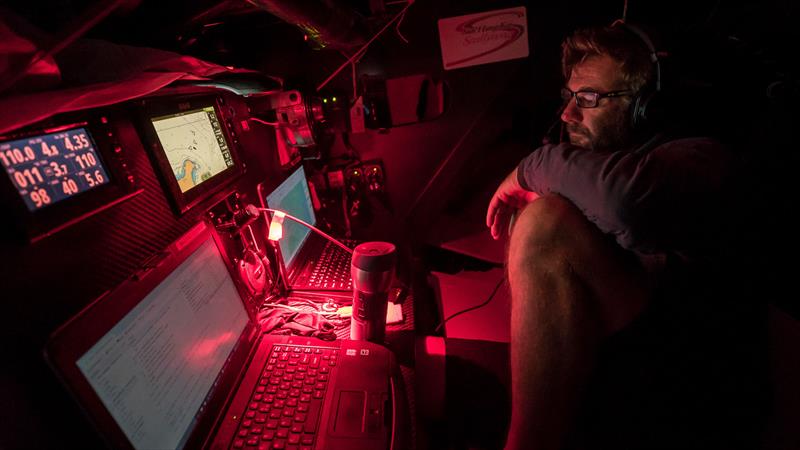 Leg 6 to Auckland, day 20 on board Sun hung Kai / Scallywag. David Witt piloting Nipper from the nav desk, 170 miles to go and neck to neck with AkzoNobbel. 26 February,  photo copyright Jeremie Lecaudey / Volvo Ocean Race taken at  and featuring the Volvo One-Design class