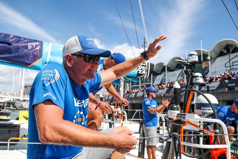 Tony Mutter, the only Kiwi onboard waves to the crowd before departing -  Volvo Ocean Race Leg 7, Auckland to Itajai photo copyright Jesus Renedo / Volvo Ocean Race taken at  and featuring the Volvo One-Design class