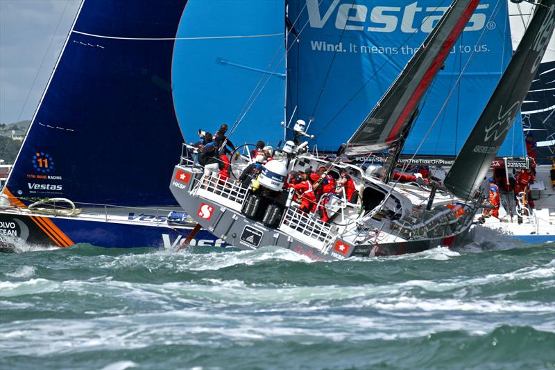 SHK Scallywag crosses behind Vestas 11th Hour Racing and Turn the Tide on Plastic - Volvo Ocean Race - Auckland - Leg 7 Start - Auckland - March 18, photo copyright Richard Gladwell taken at  and featuring the Volvo One-Design class