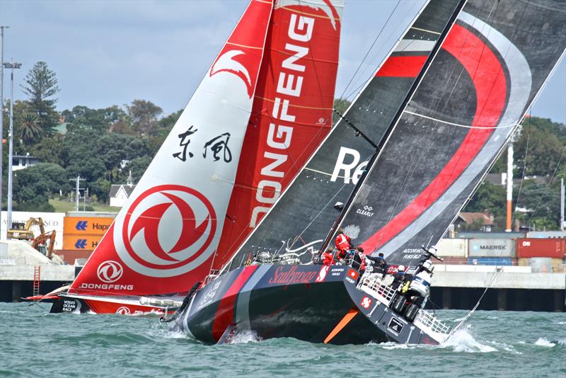 SHK Scallywag crosses astern of Dongfeng  - Volvo Ocean Race - Auckland - Leg 7 Start - Auckland - March 18, photo copyright Richard Gladwell taken at  and featuring the Volvo One-Design class