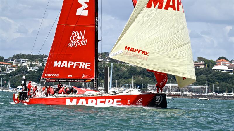 MAPFRE with the Akarana Opera House under construction in the background - Volvo Ocean Race - Auckland - Leg 7 Start - Auckland - March 18, photo copyright Richard Gladwell taken at  and featuring the Volvo One-Design class