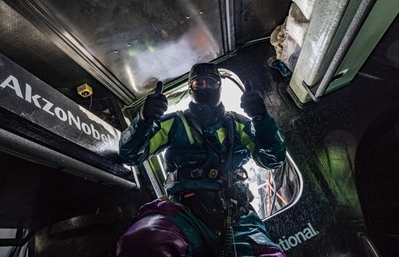 Volvo Ocean Race Leg 7 from Auckland to Itajai, day 5 on board AkzoNobel. Luke Molloy always smiling. 22 March photo copyright James Blake / Volvo Ocean Race taken at  and featuring the Volvo One-Design class