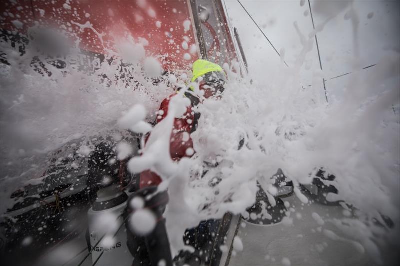 Volvo Ocean Race, Leg 7 from Auckland to Itajai, day 07 on board Dongfeng. Kevin Escoffier taking a fresh cold shower this morning, nothing better to wake you up after a long night. - photo © Martin Keruzore / Volvo Ocean Race