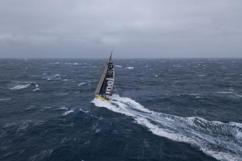 Volvo Ocean Race Leg 7 from Auckland to Itajai, day 07 on board Brunel. Drone picture. 51 South. 35-38 knots of wind. Three reefs in the main sail. Top boatspeed of the day 36.1 knots. Drone back onboard photo copyright Yann Riou / Volvo Ocean Race taken at  and featuring the Volvo One-Design class