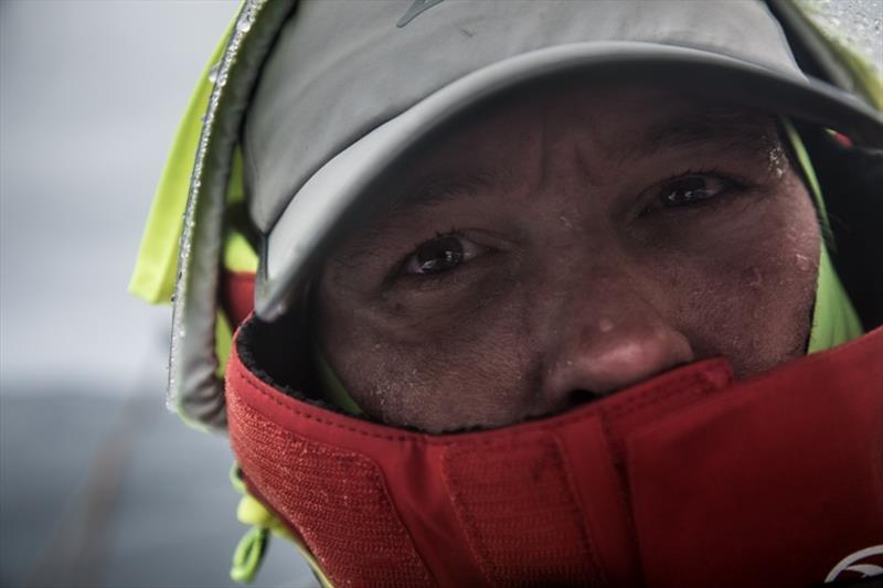 Volvo Ocean Race Leg 7 from Auckland to Itajai, day 07 on board Dongfeng. Kevin Escoffier portrait after two hours helming photo copyright Martin Keruzore / Volvo Ocean Race taken at  and featuring the Volvo One-Design class
