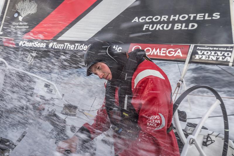 Leg 7 from Auckland to Itajai, day 02 on board Sun Hung Kai / Scallywag. Trystan Seal braces for impact. 19 March,  photo copyright Konrad Frost / Volvo Ocean Race taken at  and featuring the Volvo One-Design class