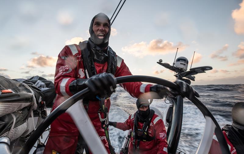 Leg 7 from Auckland to Itajai, day 6 on board Sun Hung Kai / Scallywag. Alex Gough enjoying his time on the wheel. 23 March,  photo copyright Konrad Frost / Volvo Ocean Race taken at  and featuring the Volvo One-Design class