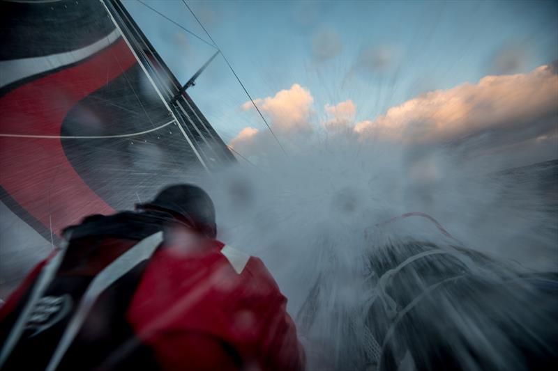 Leg 7 from Auckland to Itajai, day 6 on board Sun Hung Kai / Scallywag. Alex Gough bracing for impact. 23 March,  photo copyright Konrad Frost / Volvo Ocean Race taken at  and featuring the Volvo One-Design class