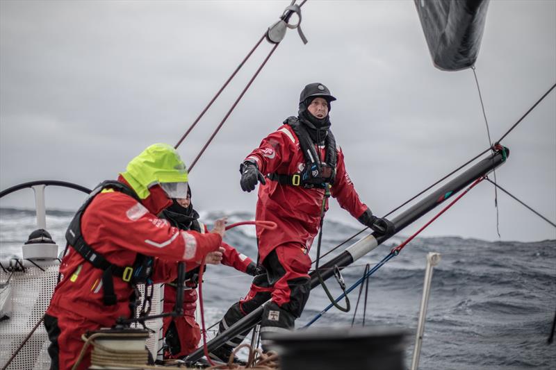 Leg 7 from Auckland to Itajai, day 6 on board Sun Hung Kai / Scallywag. Ben Piggott going out on the end of the outrigger. 24 March,  photo copyright Konrad Frost / Volvo Ocean Race taken at  and featuring the Volvo One-Design class
