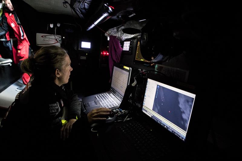 Leg 7 from Auckland to Itajai, day 03 on board Sun Hung Kai / Scallywag. Libby Greenhalgh at the nav station planning the next move. 20 March,  photo copyright Konrad Frost / Volvo Ocean Race taken at  and featuring the Volvo One-Design class