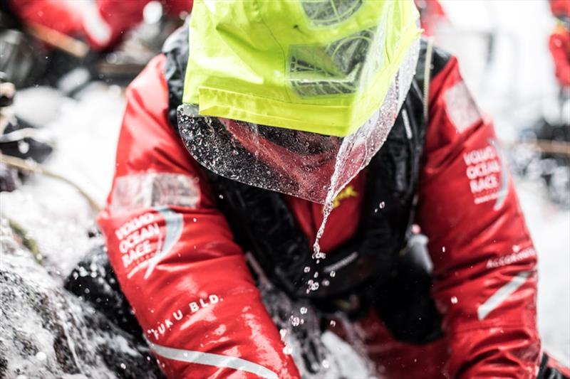 Volvo Ocean Race Leg 7 from Auckland to Itajai, day 8 on board Sun Hung Kai / Scallywag. Full protection. The crew switched to thrir dry suits to try and keep dry and warm photo copyright Konrad Frost / Volvo Ocean Race taken at  and featuring the Volvo One-Design class