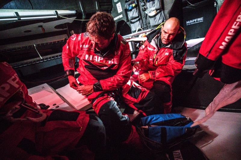 Volvo Ocean Race Leg 7 from Auckland to Itajai, day 08 on board MAPFRE, Xabi Fernandez and Antonio Cuervas-Mons getting the material ready to go up to the mast. - photo © Ugo Fonolla / Volvo Ocean Race