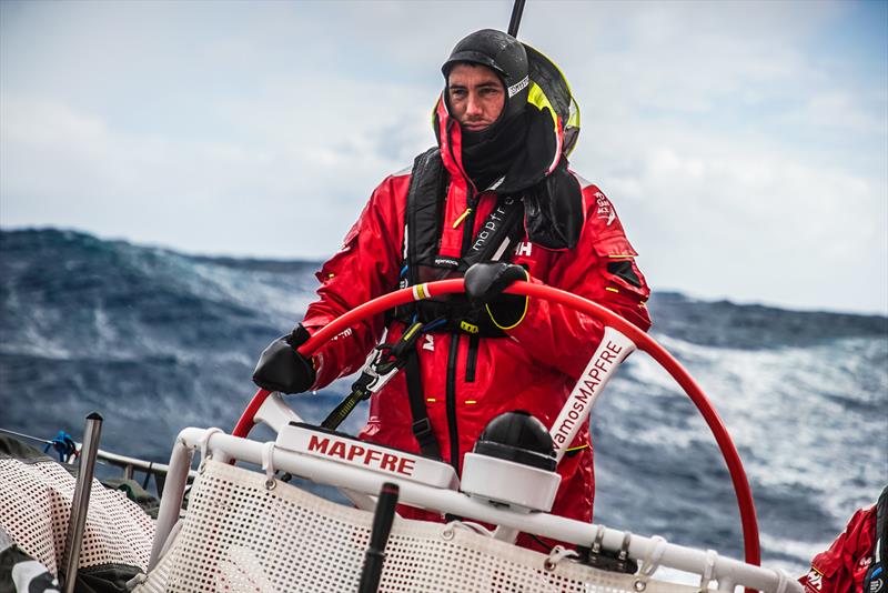 Leg 7 from Auckland to Itajai, day 10 on board MAPFRE, Blair To uke steering with massive cold and waves behind, 27 March,  photo copyright Ugo Fonolla / Volvo Ocean Race taken at  and featuring the Volvo One-Design class