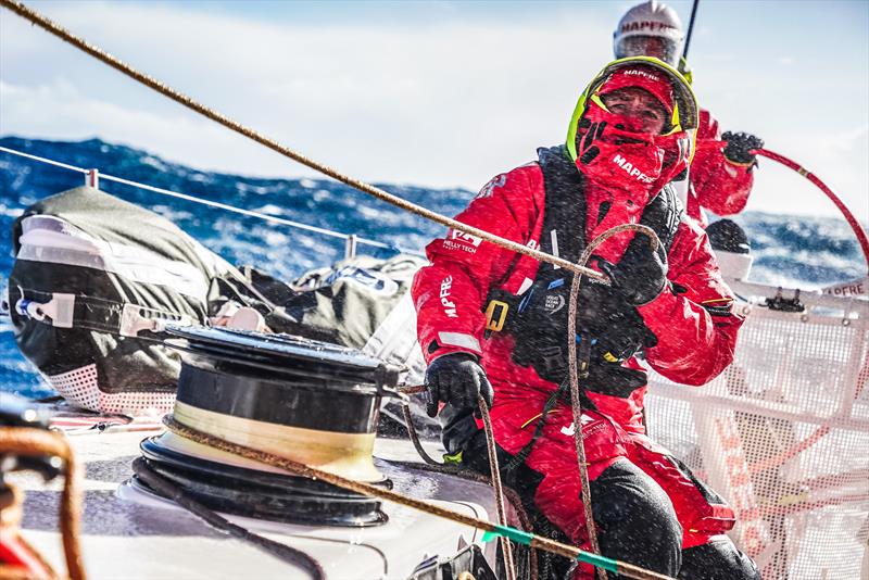 Leg 7 from Auckland to Itajai, day 10 on board MAPFRE, Tamara Echegoyen managing the ropes with a masive wave behind, 27 March,  photo copyright Ugo Fonolla / Volvo Ocean Race taken at  and featuring the Volvo One-Design class