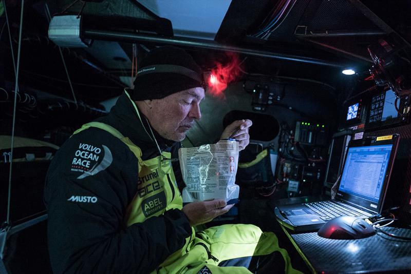 Leg 7 from Auckland to Itajai, day 07 on board Brunel. Always Spagetthi Bolognese or Lasagna for Bouwe Bekking. 24 March,  photo copyright Yann Riou / Volvo Ocean Race taken at  and featuring the Volvo One-Design class