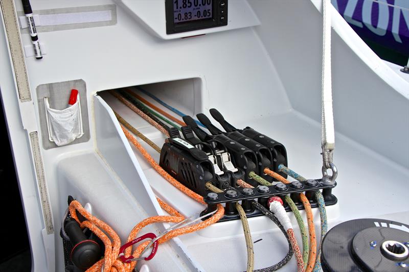 Safety harness tether point on board Scallywag located just outside the main companionway so sailors can attach before stepping into the cockpit - photo © Richard Gladwell