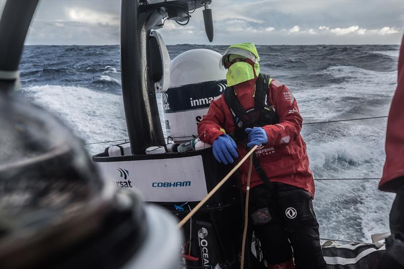 Leg 7 from Auckland to Itajai, day 12 on board Dongfeng. Marie Riou dreaming about a hot shower. 27 March,  photo copyright Martin Keruzore / Volvo Ocean Race taken at  and featuring the Volvo One-Design class