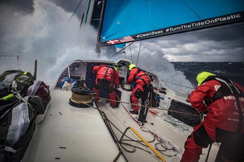 Leg 7 from Auckland to Itajai, day 11 on board Vestas 11th Hour. 27 March, . Spray position, get low photo copyright Jeremie Lecaudey / Volvo Ocean Race taken at  and featuring the Volvo One-Design class