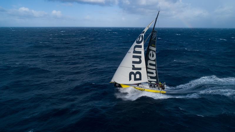 Leg 7 from Auckland to Itajai, day 11 on board Brunel. Drone picture. 400 miles from Cape Horn. 30 knots of wind. 5-6 meter waves. Drone back on board. Thanks to Kyle Langford for his help on launching and catching the drone. 28 March,  photo copyright Yann Riou / Volvo Ocean Race taken at  and featuring the Volvo One-Design class