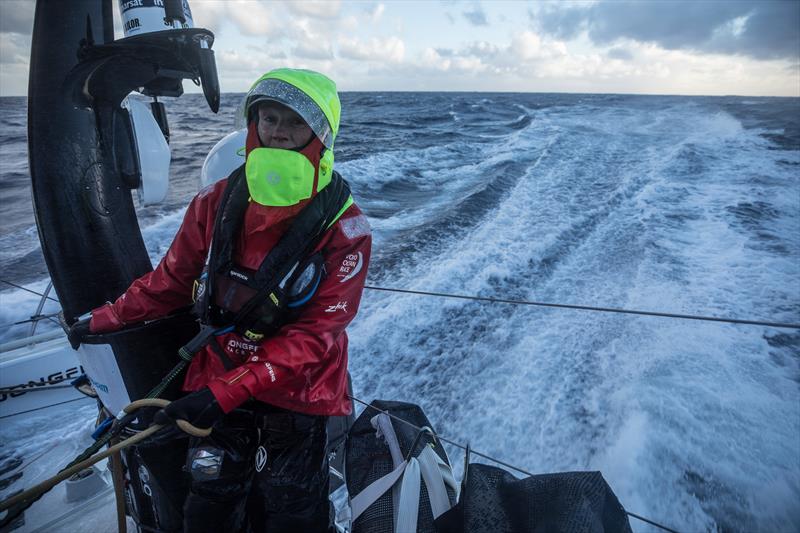 Leg 7 from Auckland to Itajai, day 13 on board Dongfeng. Carolijn Brouwer enjoying her last day on the south. 28 March,  photo copyright Martin Keruzore / Volvo Ocean Race taken at  and featuring the Volvo One-Design class
