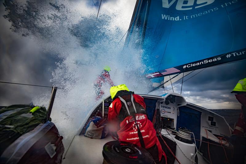 Leg 7 from Auckland to Itajai, day 11 on board Vestas 11th Hour. 27 March, . Tom Johnson going to the mast to put a reef on photo copyright Jeremie Lecaudey / Volvo Ocean Race taken at  and featuring the Volvo One-Design class