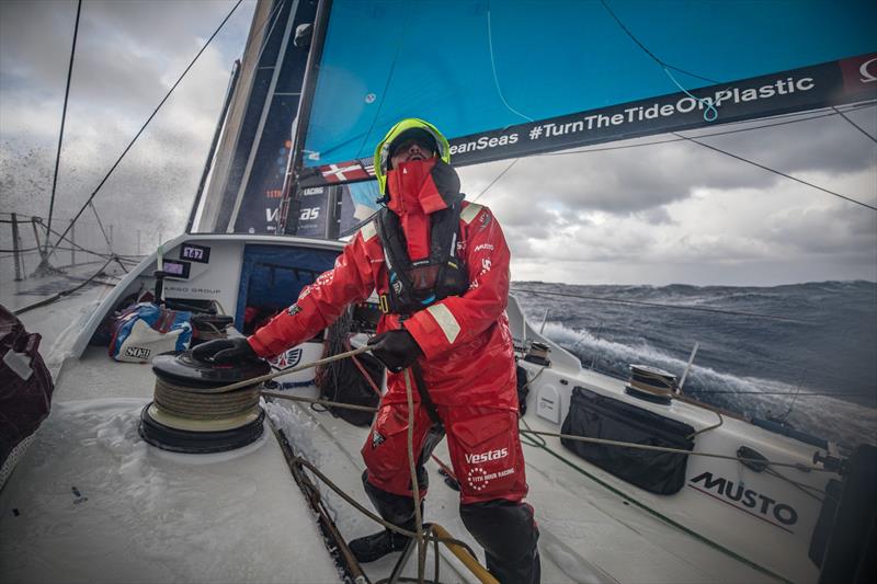 Leg 7 from Auckland to Itajai, day 11 on board Vestas 11th Hour. 27 March, . Charlie Enright ready to furl a jib photo copyright Jeremie Lecaudey / Volvo Ocean Race taken at  and featuring the Volvo One-Design class