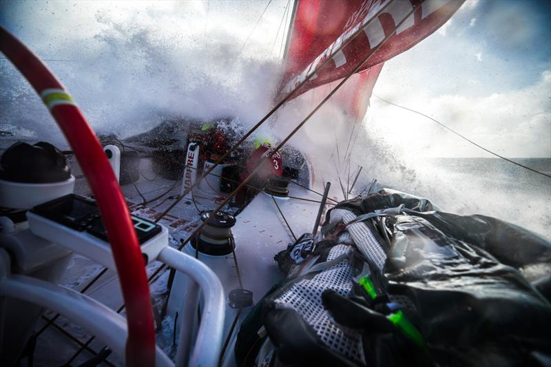 Leg 7 from Auckland to Itajai, day 11 on board MAPFRE, surfing the southern ocean, Guillermo and Sophie at the hatch, 28 March, . - photo © Ugo Fonolla / Volvo Ocean Race