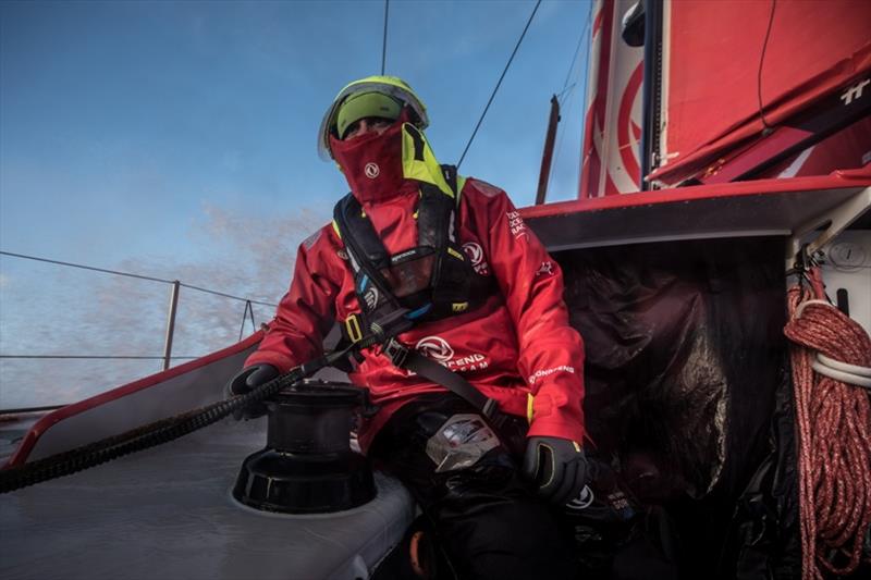 Volvo Ocean Race Leg 7 from Auckland to Itajai, day 12 on board Dongfeng. Marie Riou with thr sheets photo copyright Martin Keruzore / Volvo Ocean Race taken at  and featuring the Volvo One-Design class
