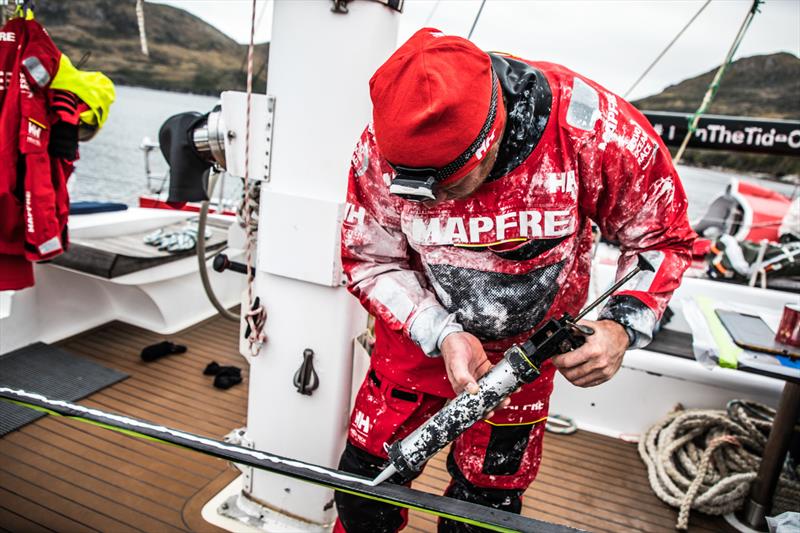 Leg 7 from Auckland to Itajai, day 12 on board MAPFRE, Antonio Cuervas-Mons fixing the mast track, 29 March,  photo copyright Ugo Fonolla / Volvo Ocean Race taken at  and featuring the Volvo One-Design class
