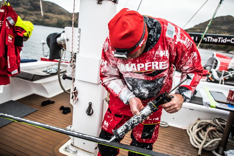 Leg 7 from Auckland to Itajai, day 12 on board MAPFRE, Antonio Cuervas-Mons fixing the mast track, 29 March, . - photo © Ugo Fonolla / Volvo Ocean Race