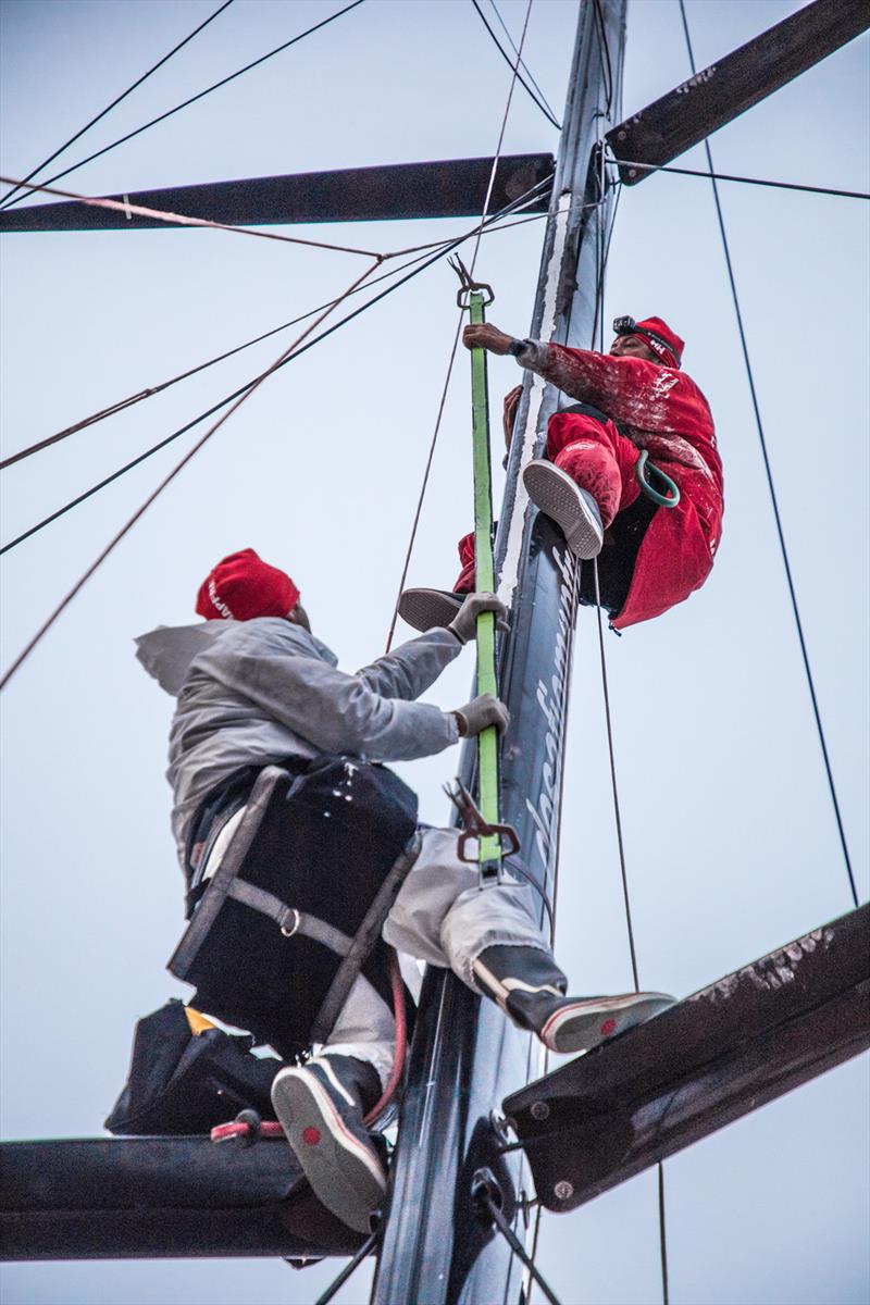 Leg 7 from Auckland to Itajai, day 12 on board MAPFRE, Antonio Cuervas-Mons and Nervio putting the track on the mast, 29 March,  photo copyright Ugo Fonolla / Volvo Ocean Race taken at  and featuring the Volvo One-Design class