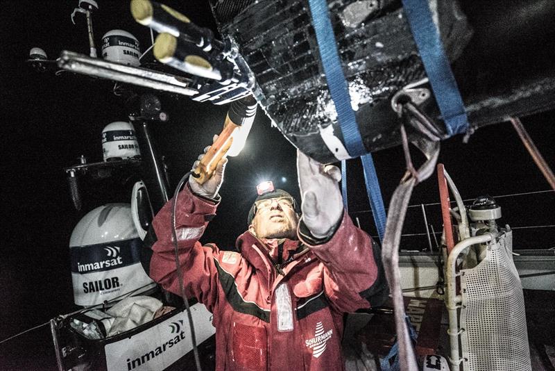 Leg 7 from Auckland to Itajai, day 12 on board MAPFRE, Talpi fixing the boom, 30 March, . - photo © Ugo Fonolla / Volvo Ocean Race