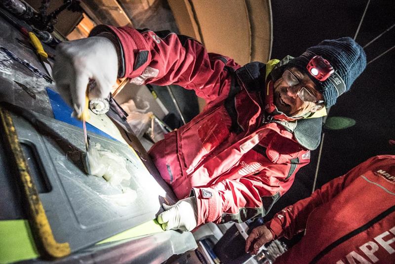 Leg 7 from Auckland to Itajai, day 12 on board MAPFRE, Talpi mixing some glue, 30 March,  photo copyright Ugo Fonolla / Volvo Ocean Race taken at  and featuring the Volvo One-Design class