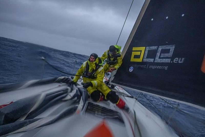 Volvo Ocean Race Leg 7 from Auckland to Itajai, day 13 on board Brunel. Still windy an cold on the foredeck for Kyle Langford and Carlo Huisman photo copyright Yann Riou / Volvo Ocean Race taken at  and featuring the Volvo One-Design class