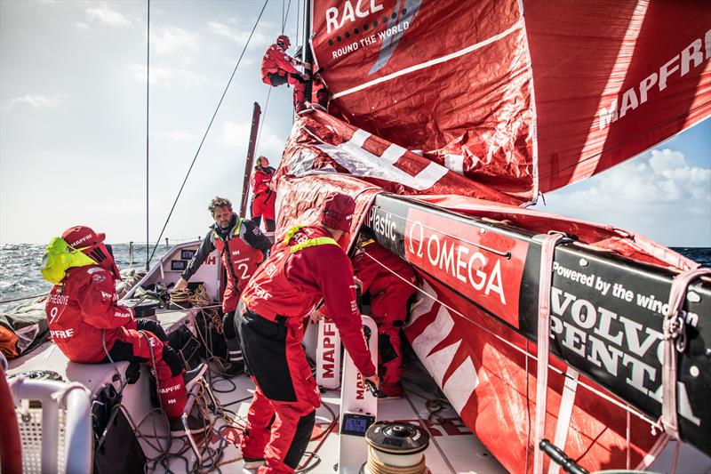 Leg 7 from Auckland to Itajai, day 14 on board MAPFRE, putting the mainsail back, 31 March,  photo copyright Ugo Fonolla / Volvo Ocean Race taken at  and featuring the Volvo One-Design class