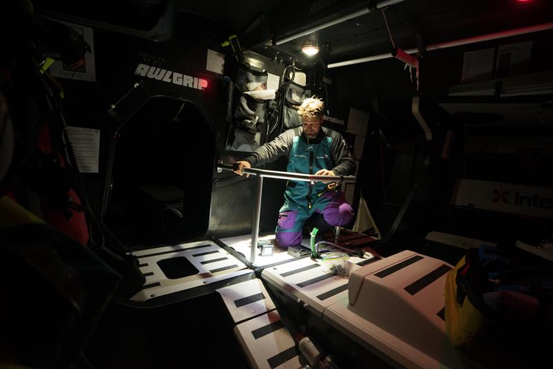 Leg 7 from Auckland to Itajai, day 16 on board AkzoNobel. 01 April, . Simeon Tienpoint sits where the Galley used to be preparing for reinforcments photo copyright James Blake / Volvo Ocean Race taken at  and featuring the Volvo One-Design class