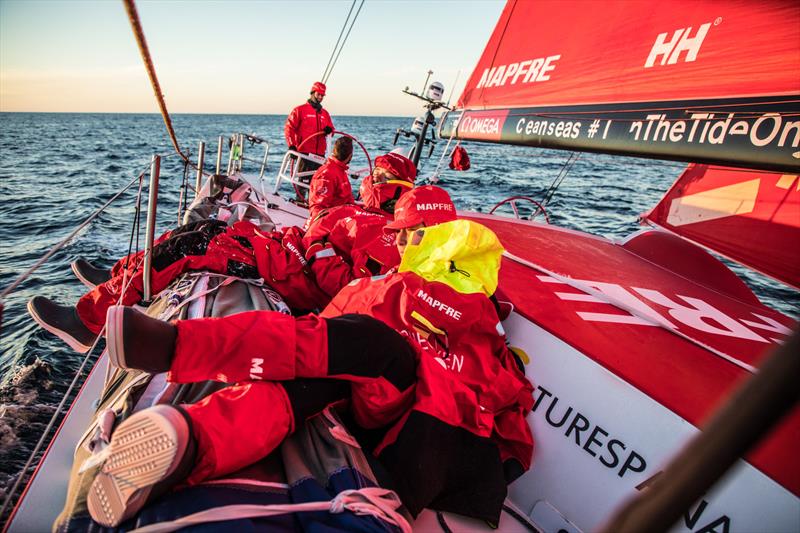 Leg 7 from Auckland to Itajai, day 16 on board MAPFRE, Antonio Cuervas-Mons and Tamara Echegoyen taking a little nap during the sunrise, 02 April,  photo copyright Ugo Fonolla / Volvo Ocean Race taken at  and featuring the Volvo One-Design class