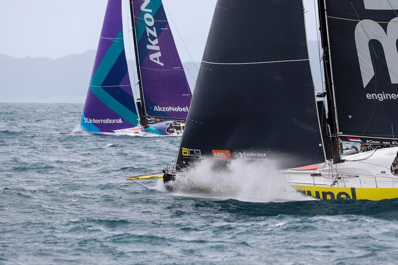 Akzononel leads Leg winner Team Brunel - Leg 7, Auckland to Itajai, around East Cape. 19 March,  photo copyright Ainhoa Sanchez / Volvo Ocean Race taken at  and featuring the Volvo One-Design class