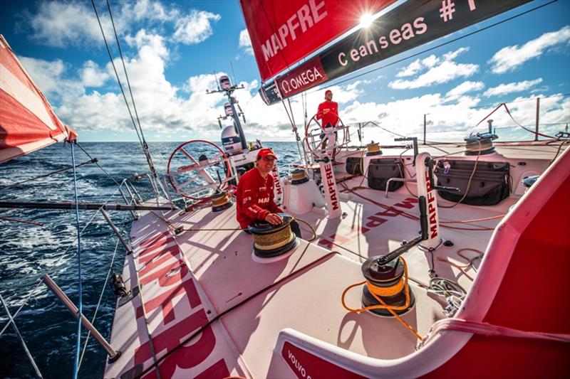 Volvo Ocean Race Leg 7 from Auckland to Itajai, day 19 on board MAPFRE, Blair Tuke at the helm, and Tamara Echegoyen at the winch - photo © Ugo Fonolla / Volvo Ocean Race