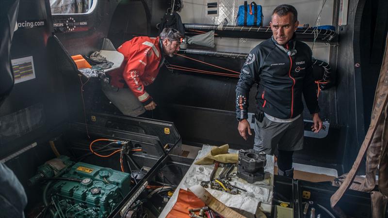 Vestas 11th Hour Racing prepares to leave Port Stanley in the Falkland Islands headed for Itajai, Brazil, for the start of Leg 8 photo copyright Jeremie Lecaudey / Volvo Ocean Race taken at  and featuring the Volvo One-Design class