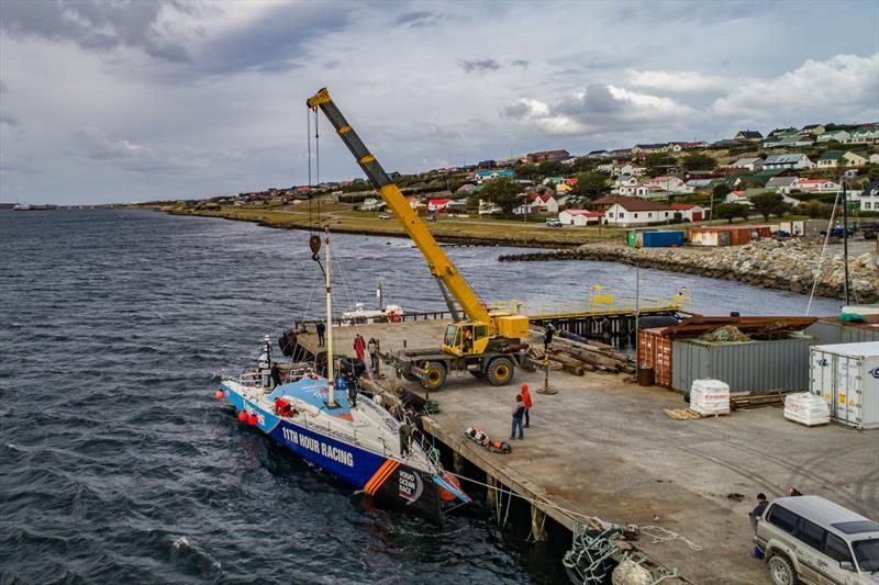 Vestas 11th Hour Racing has her jury rig fitted at Port Stanley in the Falkland Islands photo copyright Jeremie Lecaudey / Volvo Ocean Rac taken at  and featuring the Volvo One-Design class