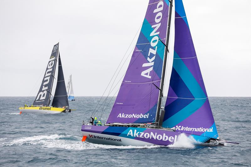 Team AkzoNobel leads the eventual Leg 7 winner Team Brunel, start of Leg 7, Auckland to Itajai, around East Cape. 19 March, . - photo © Ainhoa Sanchez / Volvo Ocean Race