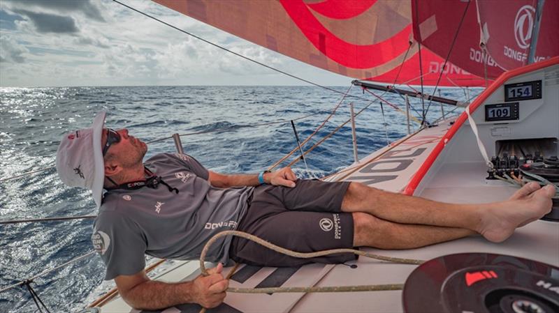 Volvo Ocean Race Leg 8 from Itajai to Newport, day 07, on board Dongfeng. Stu Bannatyne, relaxing or trimming? - photo © Jeremie Lecaudey / Volvo Ocean Race