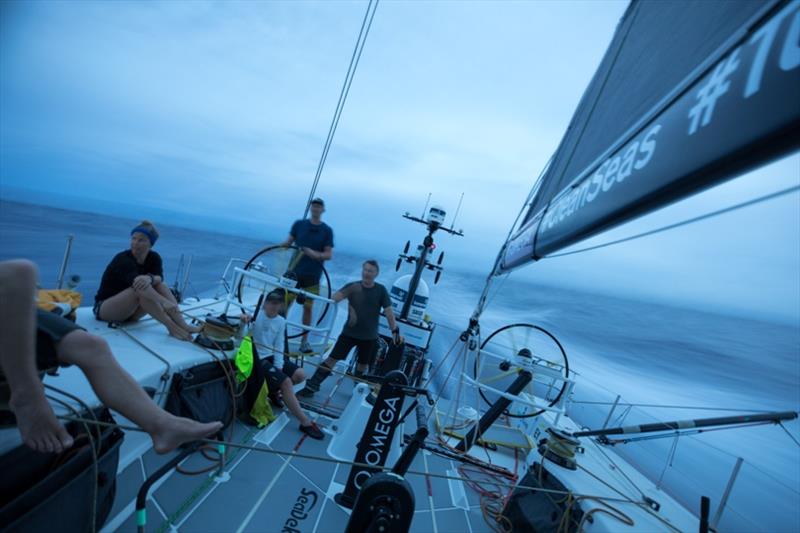 Volvo Ocean Race Leg 8 from Itajai to Newport, day 08, on board Brunel. Nina Curtis, Abby Ehler, Kyle Langford and Andrew Cape at dusk photo copyright Sam Greenfield / Volvo Ocean Race taken at  and featuring the Volvo One-Design class