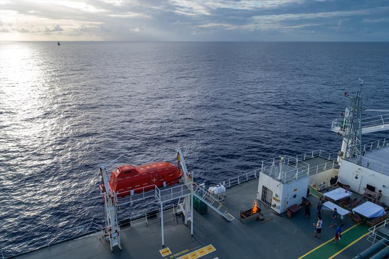 Leg 8 from Itajai to Newport, day 07 on board Brunel. The crew of Shanghai Highway sets up a BBQ on deck while overtaking Team Brunel. 28 April, 2018 - photo © Sam Greenfield / Volvo Ocean Race